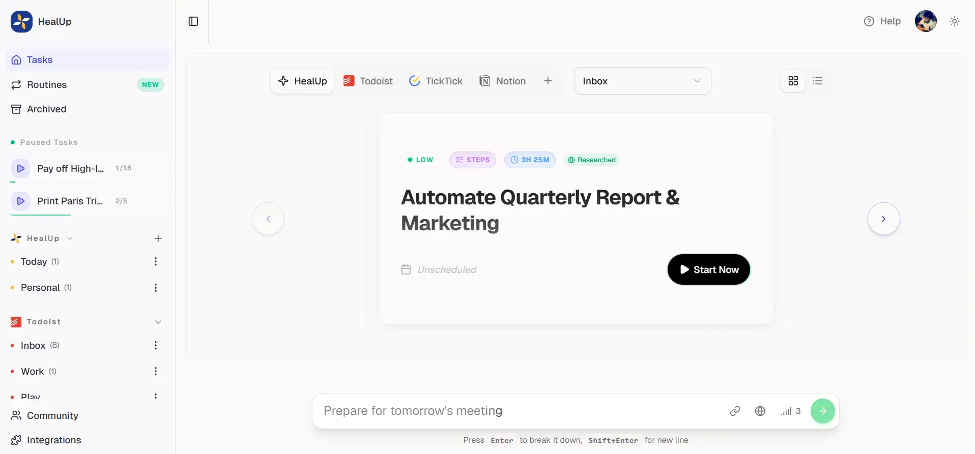 HealUp product interface — task management with AI-assisted workflows, integrations with Todoist, TickTick, and Notion